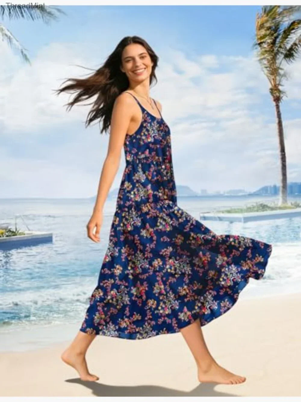 Sleeveless A-Line Maxi Sundress with Pockets Spaghetti Strap Flowy - Picture 3 of 7